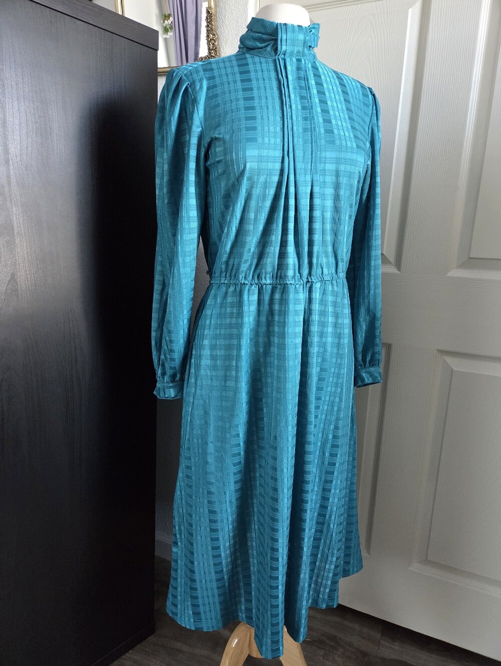 Blue teal vintage secretary dress high neck long sleeve retro